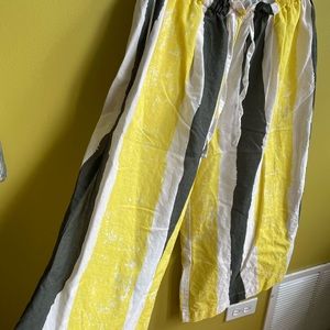 Linen pants dark green yellow BUYKUD large elastic waist drawstring wide leg